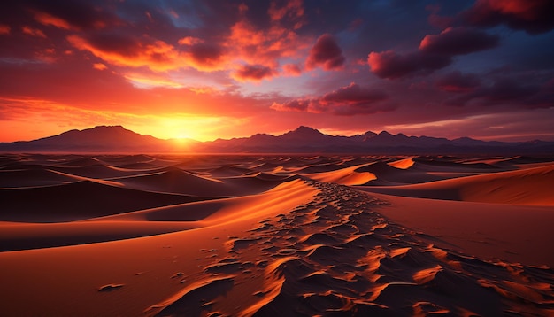 Photo gratuite paysage de dunes de sable, coucher de soleil à l'extérieur, ciel nuageux, température de chaleur sèche générée par l'ia