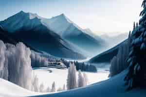 Photo gratuite un paysage enneigé avec des montagnes et des arbres couverts de neige.