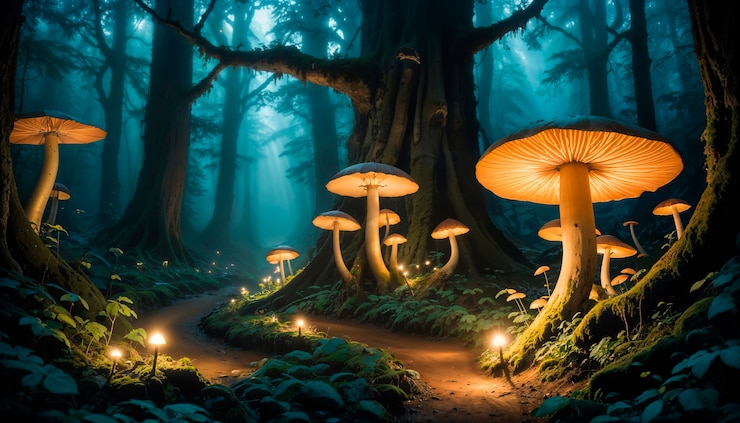 Photo gratuit le paysage fantastique de la forêt de champignons magiques