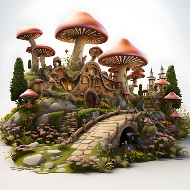 Paysage fantastique avec des maisons fantastiques et des champignons 3D