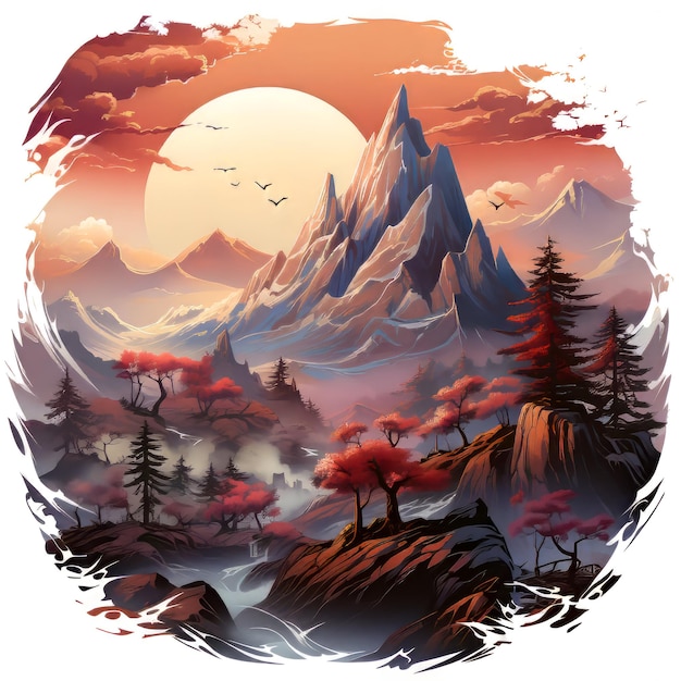 Paysage fantastique avec des montagnes et des forêts Illustration vectorielle colorée