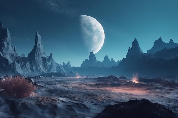 Paysage fantastique d'une planète lointaine avec montagne et grande lune bleue derrière l'ai générative
