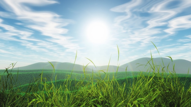 Paysage herbeux 3D avec un ciel bleu ensoleillé