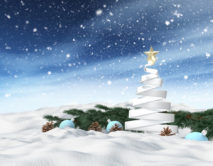 Photo gratuit paysage d'hiver enneigé 3d avec sapin de noël, fond de carte de voeux