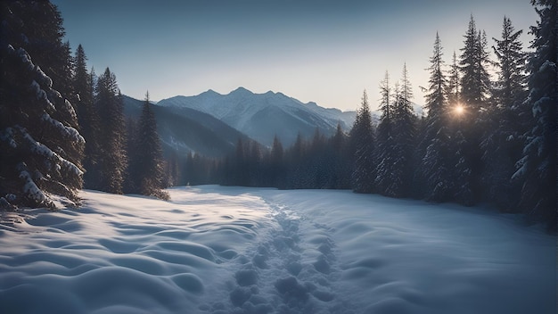 Paysage d'hiver enneigé avec des sapins couverts de neige dans les montagnes