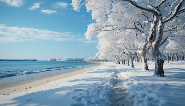 Photo gratuite paysage d'hiver tranquille ciel bleu arbres enneigés eau gelée générée par l'ia