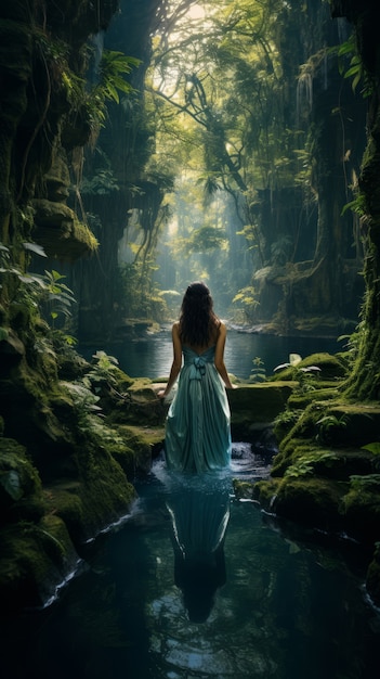 Paysage inspiré d'un jeu vidéo mythique avec une femme dans la nature