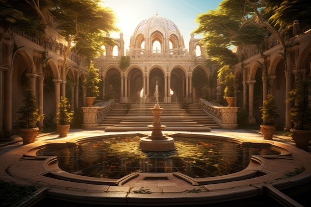 Paysage inspiré d'un jeu vidéo mythique avec vue sur le palais