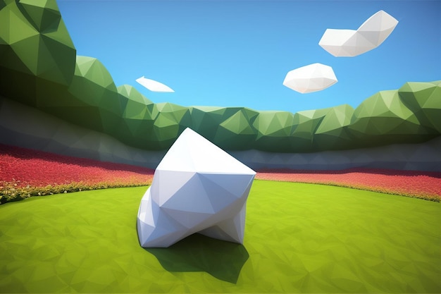 Un paysage low poly avec un rocher blanc au milieu d'un champ.