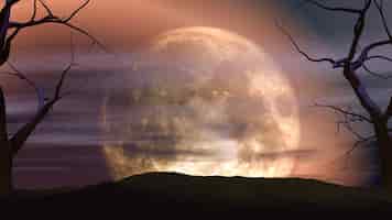 Photo gratuite paysage de lune en 3d avec des arbres fantasmagoriques