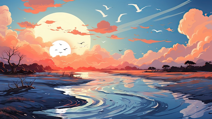 Photo gratuit paysage marin dans le style des dessins animés avec coucher de soleil