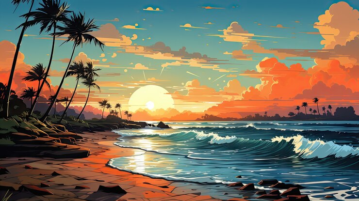 Photo gratuit paysage marin dans le style des dessins animés avec coucher de soleil