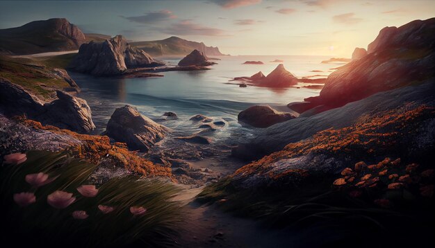 Paysage marin serein de la beauté de la nature au crépuscule AI générative de l'eau de la falaise