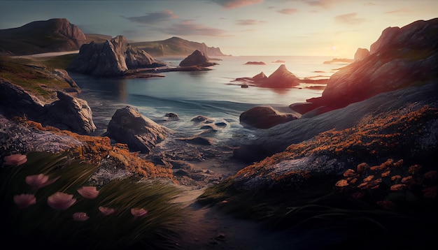 Paysage marin serein de la beauté de la nature au crépuscule AI générative de l'eau de la falaise