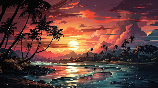 Paysage marin en style dessin animé avec coucher de soleil