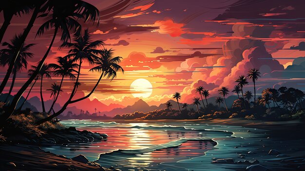 Paysage marin en style dessin animé avec coucher de soleil