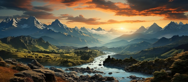 Photo gratuite paysage de montagne fantastique avec une rivière et de hauts sommets au coucher du soleil