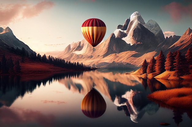 Paysage de montagne avec montgolfière à l'aube AI générative