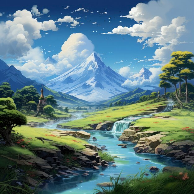 Paysage de montagne avec une scène de style fantastique