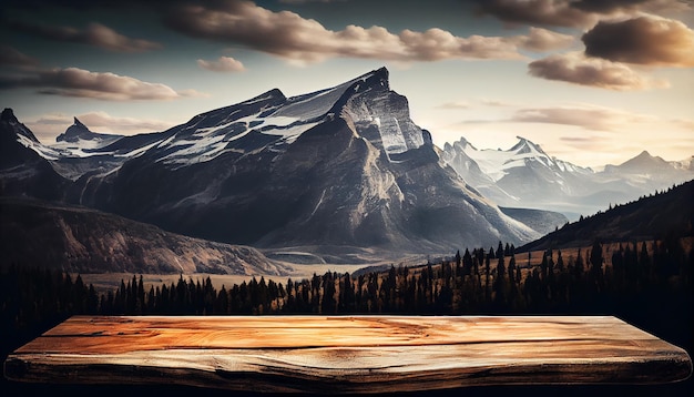 Photo gratuite paysage de montagne avec table en planche de bois à l'extérieur ia générative