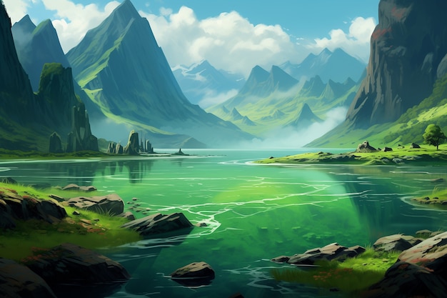 Photo gratuite paysage de montagnes dans le style d'anime