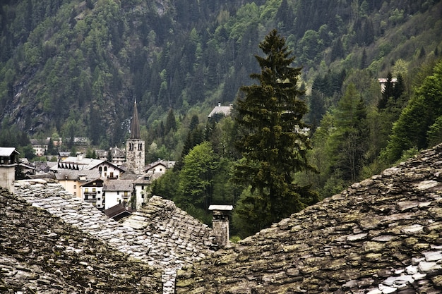 Photo gratuite paysage montagneux vert avec les vieilles maisons au premier plan