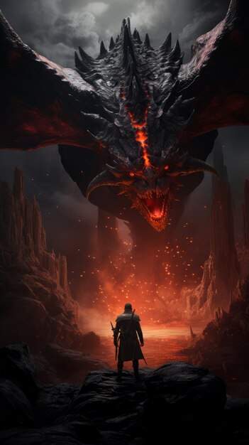 Un paysage mythique inspiré d'un jeu vidéo avec un humain et un dragon