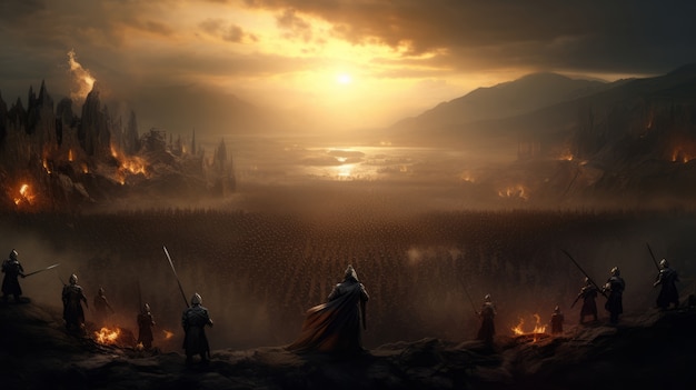 Un paysage mythique inspiré d'un jeu vidéo avec une scène apocalyptique