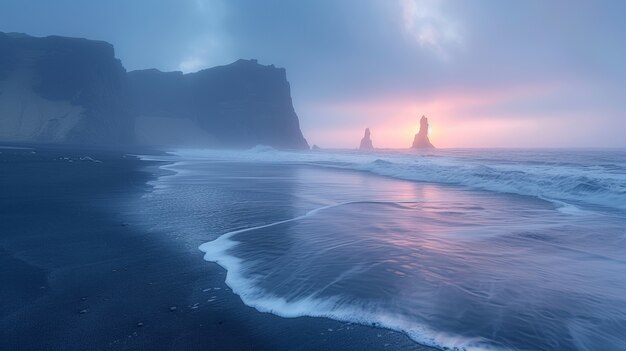 Paysage naturel avec du sable noir sur la plage