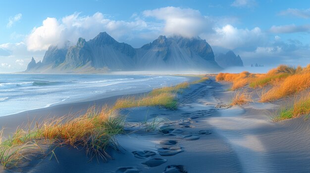 Paysage naturel avec du sable noir sur la plage