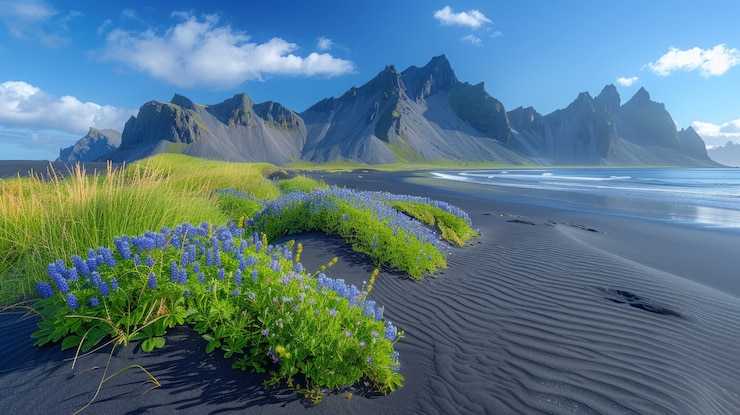 Photo gratuit paysage naturel avec du sable noir sur la plage