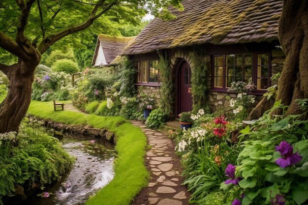 Paysage naturel avec végétation et maison de style cabane