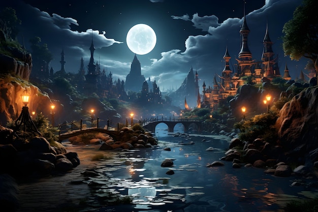 paysage de nuit fantastique de pleine lune