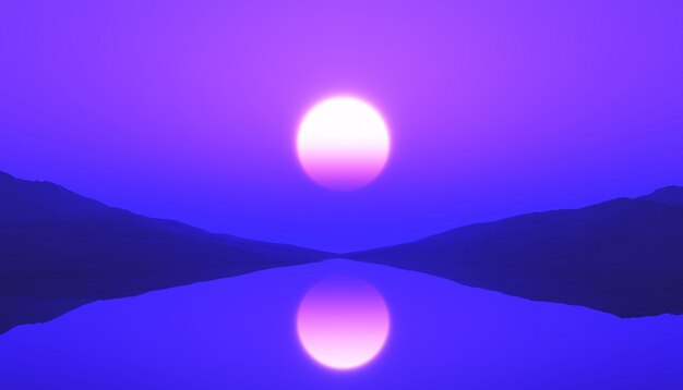 Paysage d&#39;océan tranquille 3D avec coucher de soleil violet