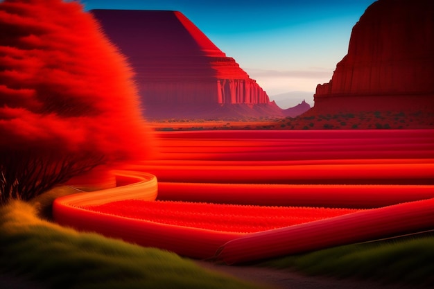 Photo gratuite un paysage rouge avec une montagne en arrière-plan et un arbre rouge au premier plan.