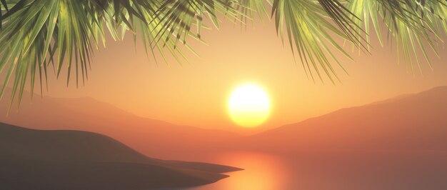 Paysage tropical 3D avec ciel coucher de soleil et palmiers