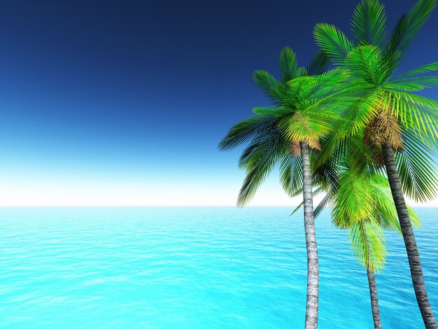 Paysage tropical 3D avec palmiers et océan bleu