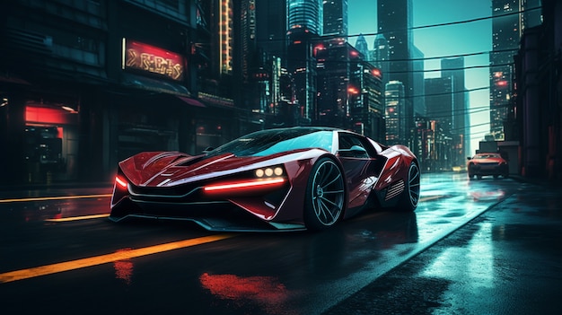 Paysage urbain cyberpunk avec voiture