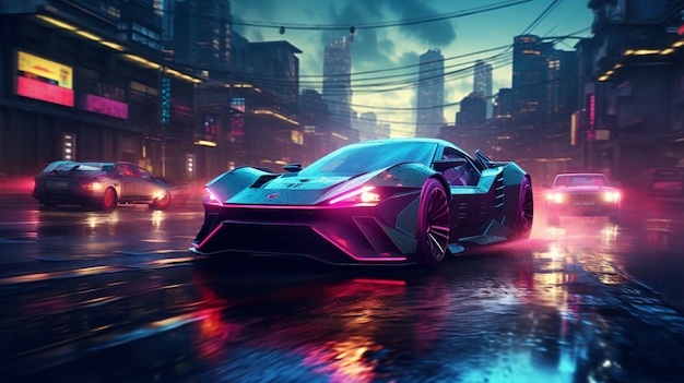 Paysage urbain cyberpunk avec voiture