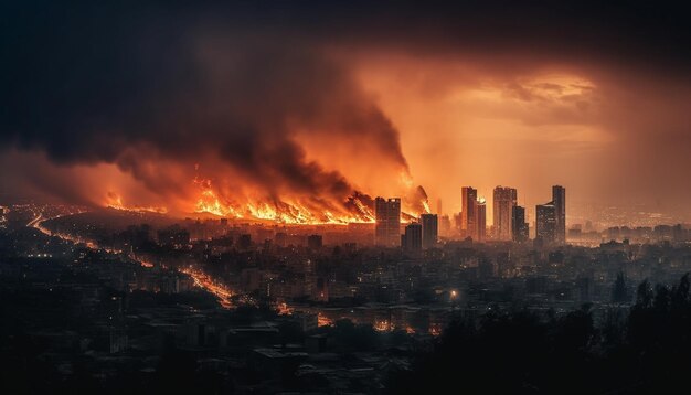 Paysage urbain rougeoyant au crépuscule, danger de destruction généré par l'IA