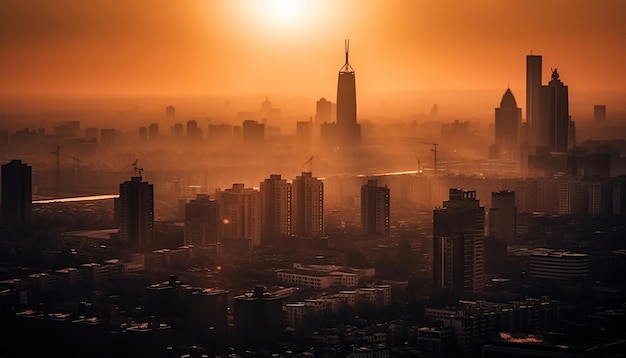 Paysage urbain rougeoyant du coucher du soleil à l'aube généré par l'IA