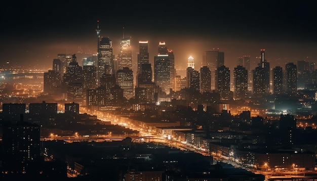 Paysage urbain rougeoyant la nuit architecture moderne illuminée générée par l'IA