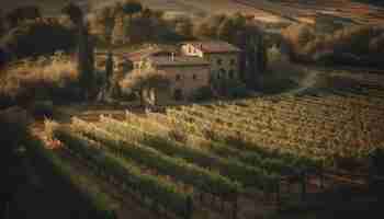 Photo gratuite paysage viticole coucher de soleil tranquille culture viticole rustique générée par l'ia
