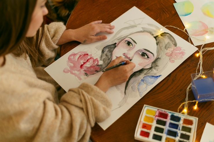 Photo gratuit peintre contemporain créatif peignant un portrait