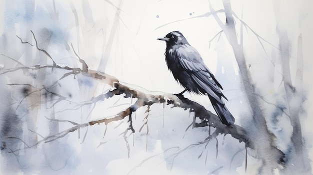 Photo gratuite une peinture à l'aquarelle minimaliste avec un corbeau sur une branche dans le style d'hiver