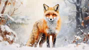 Photo gratuite une peinture à l'aquarelle minimaliste avec un renard dans le style d'hiver