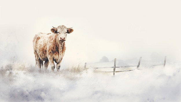 Photo gratuite une peinture à l'aquarelle minimaliste avec une vache dans le style d'hiver