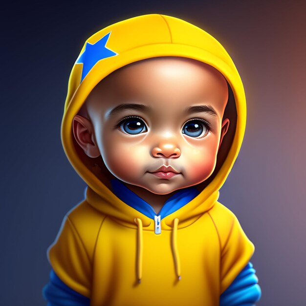 Une peinture d'un bébé portant un sweat à capuche jaune avec une étoile dessus.