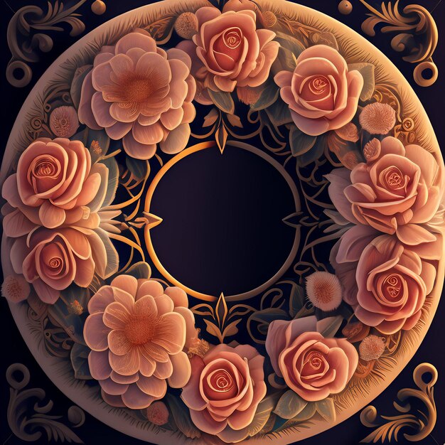 Une peinture d'un cercle avec des roses roses dessus
