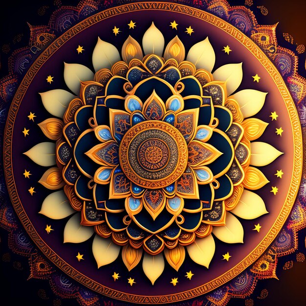 Une peinture colorée d'une fleur avec le mot lotus dessus.